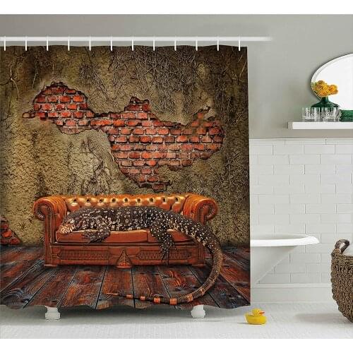 Fantasy Decor Shower Curtain Decadence Grunge Ruin Brick Wall and a Giant Lizard on Sofa Surreal Art Bath Curtain For Bathroom