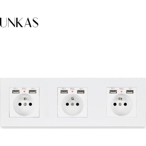 UNKAS PC Plastic Panel French Standard Wall Socket With 6 USB Charge Port For Mobile Hidden Soft LED Indicator 258*86