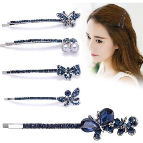 Vintage Blue Rhinestone Crystal Bow-knot Barrette Hair Clips Flowers Shaped Retro Hairpins for Girls Women