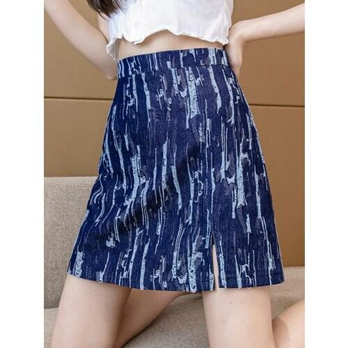 Side Slit Denim Short Skirt Female Summer 2021 New High Waist Thin A-Line Bag Hip Skirt Zebra Pattern Bust Skirt