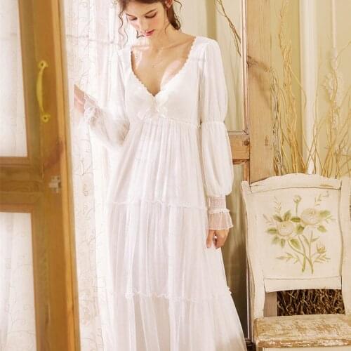 Woman Nightgowns Sleepshirts Long Sleeve Long Dress Sleep & Lounge White Sweet Lovely Nightwear Pregnant woman