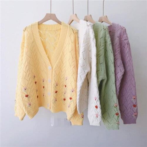 ZITY Women Casual Sweater Cardigans V Neck Floral Embroidery Knit Jacket Button Up Yellow Cardigans Women Clothes Ropa De Mujer