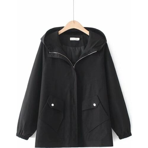 Plus size Womens trench coat autumn 2021 hooded Drop-shoulder sleeves zipper Overcoat female black blue red womens clothing