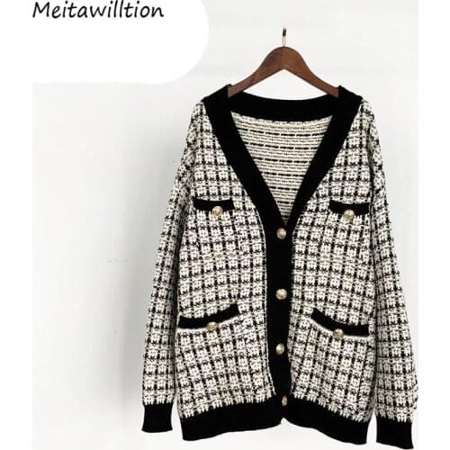 Women Sweater 2020 Autumn Winter Long Sleeve Knitted Cardigans Korean Loose Plaid Tops Elegant V-Neck Office Outwear
