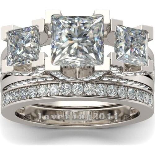 Vintage Three stone Lab Diamond Ring sets 925 sterling silver Bijou Engagement Wedding band Rings for Women Bridal Charm Jewelry