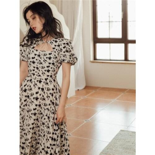 Japan Style Women Chiffon Dress Summer Modern Vintage Print Ink Wash Painting Puff Sleeve Midi Dresses Streetwear Vestido Fiesta