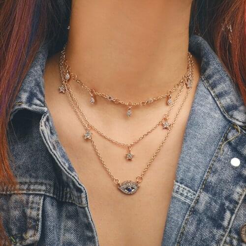 2020 Fashion Bohemian Gold Multilayer Star Crystal Necklace For Women Fashion Blue Rhinestone Eye Necklace Choker Jewelry