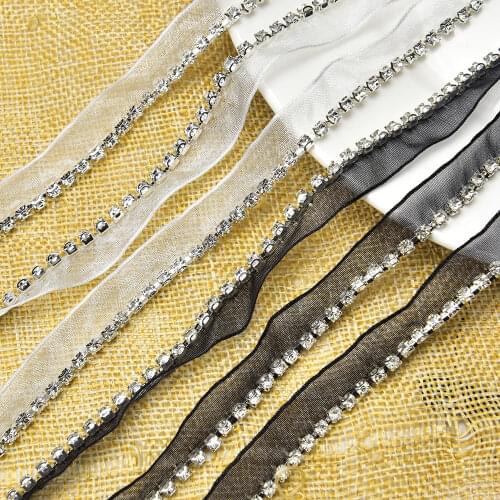 1 Meter Rhinestone Applique Beaded Lace Crystal Trim Wedding Decoration Fancy Sew On Clothes Collar Black Ribbon DIY Accessories