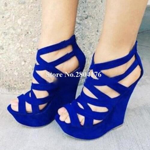 Women Fashion Open Toe Straps Cross High Platform Wedge Sandals Blue Suede Hieight Increased Wedges Big Size Wedge Sandals