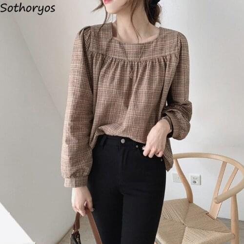 Design Plaid Blouses Women Square Collar Puff Sleeve Shirts Chic Fashion Chic Vintage Korean Style Spring New Pleated Female Ins