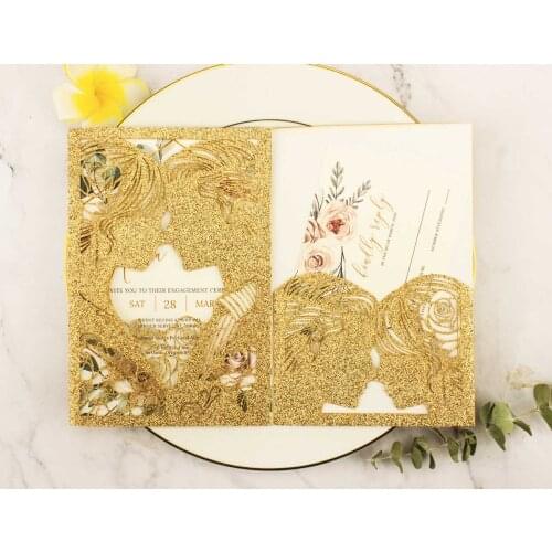 10pcs Elegant Rose Gold Glitter Bridal Groom Trifold Pocket Laser Cut Wedding Invitation Cards Custom Card For Party Anniversary