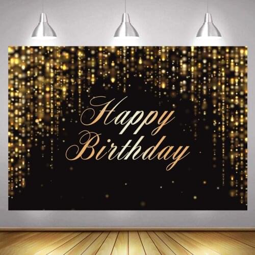 Happy Birthday Party Backdrop Black Gold Glitter Bokeh Sequin Spots Photography Background Golden Sparkle Shining Dots Banner