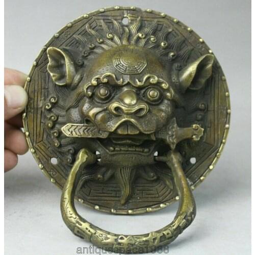 EXQUISITE Chinese OLD Dynasty Feng Shui Bronze Foo Fu Dog Lion Head Door Knocker