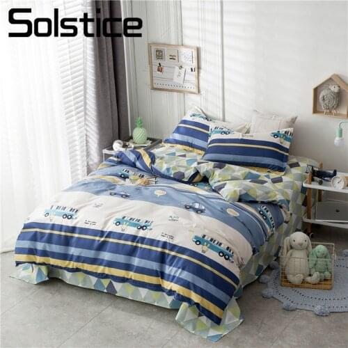 Solstice Home Textile Duvet Cover Pillowcase Flat Bed Sheet Car Bus Blue Stripe Bedding Linens Set Girl Kid Teen Boys Bedclothes