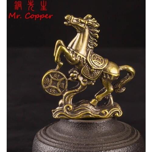 Brass Horse Step on Coins Lucky Statue Feng Shui Desk Ornament Zodiac Animal Figurines Miniatures Pure Copper Crafts Collections