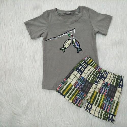 High quality boy fashion short sleeve outfit fish pattern top and shorts clothing set