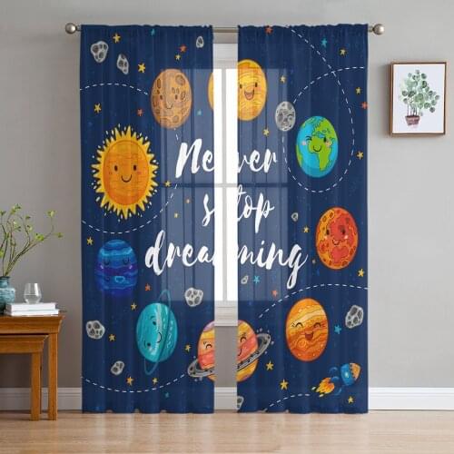 Cartoon Planet Print Sheer Window Panel Curtains Room for Living Room Bedroom Kitchen Room Chiffon Tulle Curtains