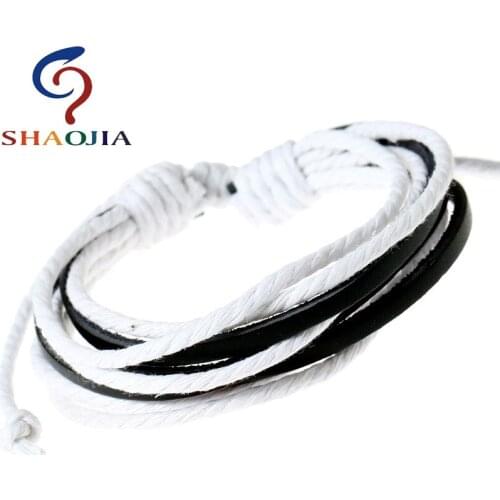 SHAOJIA New Fashion White Distorted Rope Braided Bracelet Manual Making Black Leather For Men Bohemia Bracelet Male Jewelry