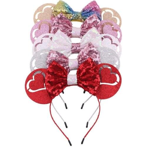 Disney 1pcs new Mickey headband Valentines Day sequined bow peach heart headdress Christmas Hair Bows for girls women gift
