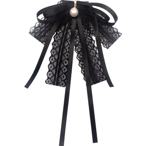 New Pearl Bow Tie Brooch Black Fabric Lace Cravat Bow Necktie Pin and Brooches Shirt Dress Luxury Jewelry for Women Accessories