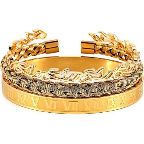 Popular Newest Luxury 3pcs/Set Stainless Steel Woven Bracelet Hip Hop Men Jewelry Roman Number Charm Gold Color Jewelry For Men
