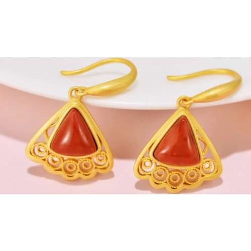 S925 Sterling Silver Earrings Natural Red Agate Sector Dangle Earrings