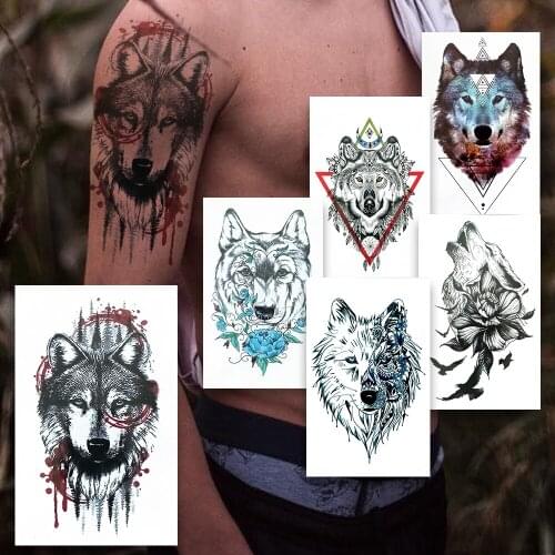 Spray Wolf Temporary Tattoos For Men Women Triangle Coyote Flower Tattoo Geometric Dreamcatcher Disposable Birds Fake Tatoos Arm