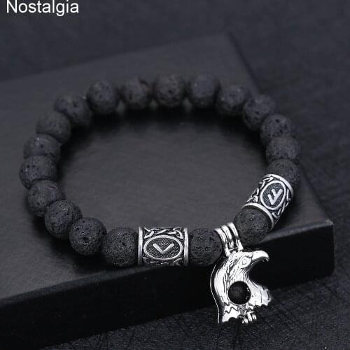 Viking Raven Bracelet Odin Amulet Lava Stone Vikingos Runes Bead Punk Jewelry Slavic Perun Axe Wicca Ram Skull Brazalete Vikingo