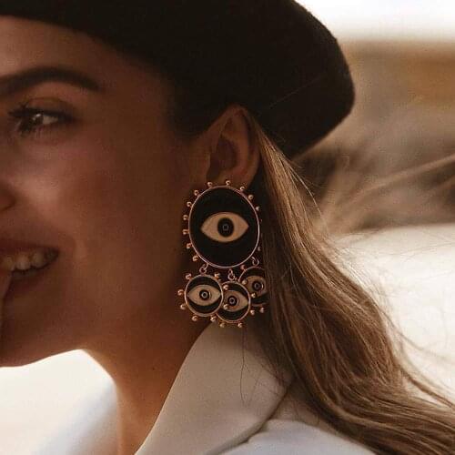 Vintage Black Enamel Evil Eye Drop Earrings for Women Big Round Punk Ladies Dangle Earrings Fashion Boho Jewelry Party Gift