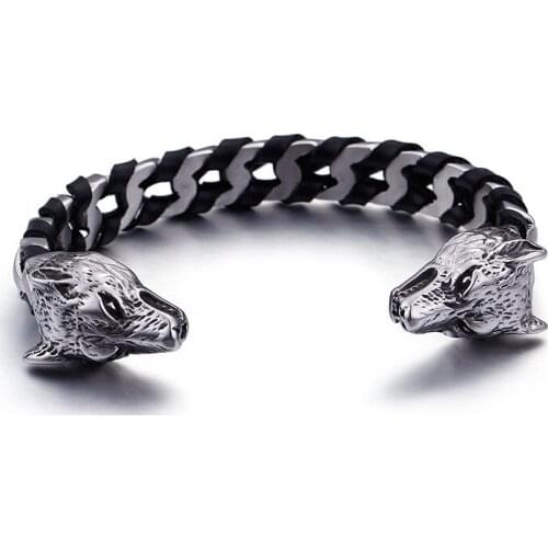 Domineering mens bracelet opening double leading titanium steel bracelet personality trend mens wolf head bracelet gift