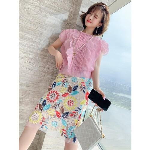 Top Quality New summer dress with gauze flower embroidery high waist straight tube