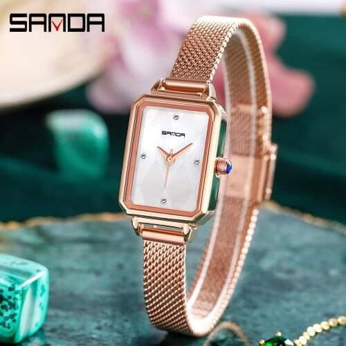 Sanda Wristwatch Women Rectangular Blue Dial Ladies Elegant Watches Mesh Strap Clock Fashion Casual Leather Quartz Small Watch