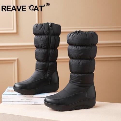 REAVE CAT Plus size 35-44 new snow boots women warm cotton down waterproof boots fur platform mid calf boots black White Blue