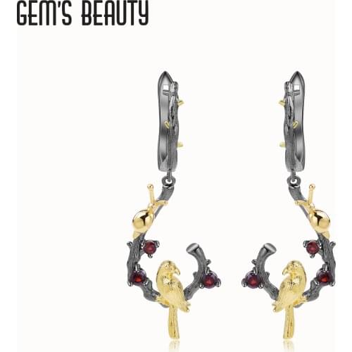 GEMS BEAUTY 925 Sterling Silver 18K Gold Filled For Women Earrings Snail Bird Natural Garnet Handmade Omega Earrings