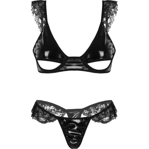 Womens Adult Lady Hot Lingerie Latex Pole Club Costumes Exotic Sets Lace Embroidered Underwire Open Nipples Bra and G-String