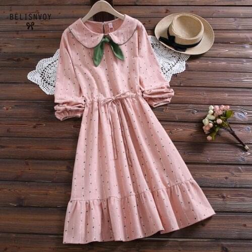 Spring Autumn Japanese Mori Girl Sweet Ruffles Dress Bowknot Women Peter Pan Collar Long Sleeve Floral Printed Vintage Dresses
