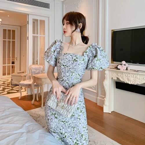 2021 Summer New Womens Ladies' Temperament Stereo Jacquard Slim Sleeve Square Collar Dress