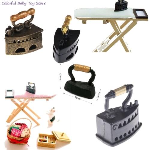 1: 12 Dollhouse Miniature Iron With Ironing Board Metal Black Iron Clothes Tool Urniture Furniture Dollhouse Room Girls Gift Toy