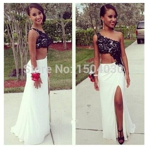 2016 new style sexy cheap discount white black one shoulder sweet high slit prom dresses prom dress gown formal dress under 100