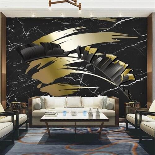 Customized 3D Mural Wallpaper Nordic Tropical Black Gold Leaf Noble Black Marble Background Wall Decorative Painting Wallpaper