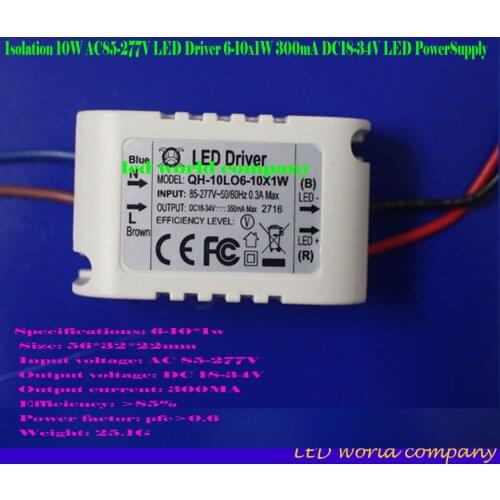 Free shipping 5pcs/lot Isolation 10W AC85-277V LED Driver 6-10x1W 300mA DC18-34V LED PowerSupply Constant Current Ceiling Lamp