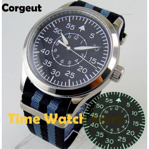 42mm Corgeut Polished Mens Watch Japan Miyota 8215 Automatic Movement Nylon NATO Strap Green Lume Sapphire Crystal Screw Crown