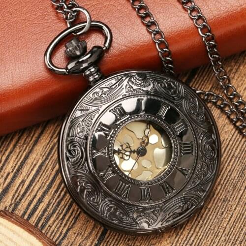 Antique Black/Bronze Hollow Hunter Necklace Pocket Watch Quartz Roman Numerals Display Pendant Chain Clock Gifts for Men Women