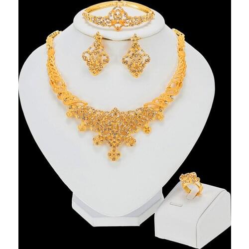 Dubai Fashion Jewelry Sets Dubai Gold Jewelry Elegant Women Shape Big Necklace African Bridal Wedding Bracelet Earrings Ring