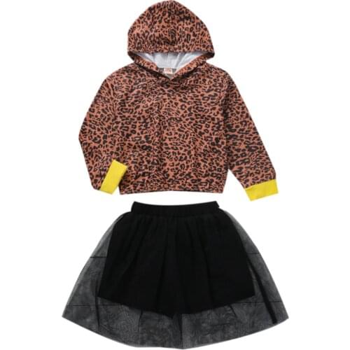 Fashion Girls Summer Clothes Sets 2pcs Leopard Print Hooded Long Sleeves T Shirts Tops Mesh Shorts Skirt