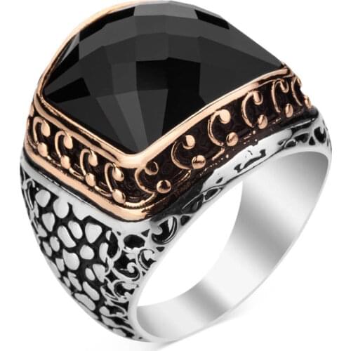 925 Sterling Silver Ornamented Mens Ring with Facet Cut Black Zircon Stone Silver Ring for Men Zirconia Male Ring