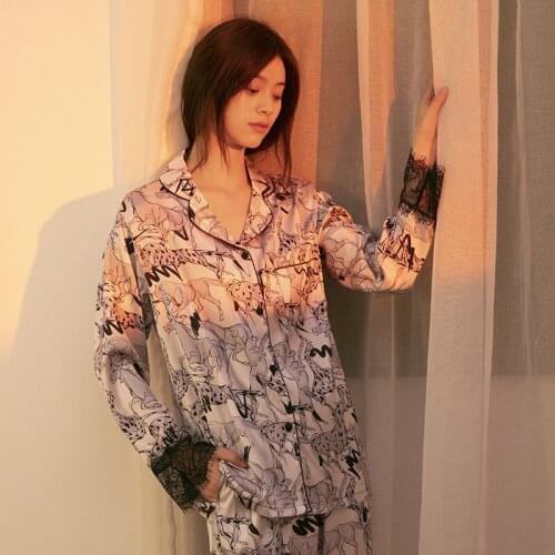 2021 Spring Pijamas Women Long Sleeve Pants Pajamas Turn-down Collar Print Sleepwear Satin Two Piece Set Graffiti Lounge Wear