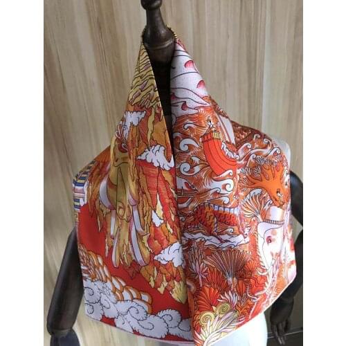 2021 new arrival fashion elegant orange elephant 100% silk scarf 90*90 cm square shawl twill wrap for women lady girl