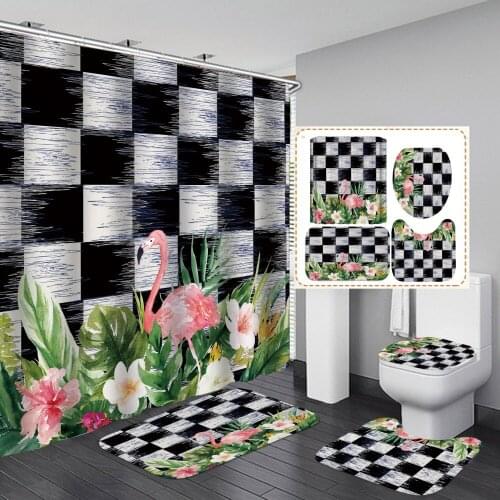 Pink Flamingo Printed Geometric Shower Curtain with Hooks 4pcs Set Rug Mat Lid Toilet Cover Bathroom Curtain Waterproof High End