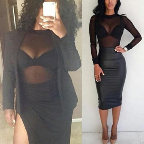 Sexy Women T Shirt See Through Transparent Crop Tops Girl Long Sleeve T-Shirts Turtleneck Layer Mesh Tees Female Ladies Tops